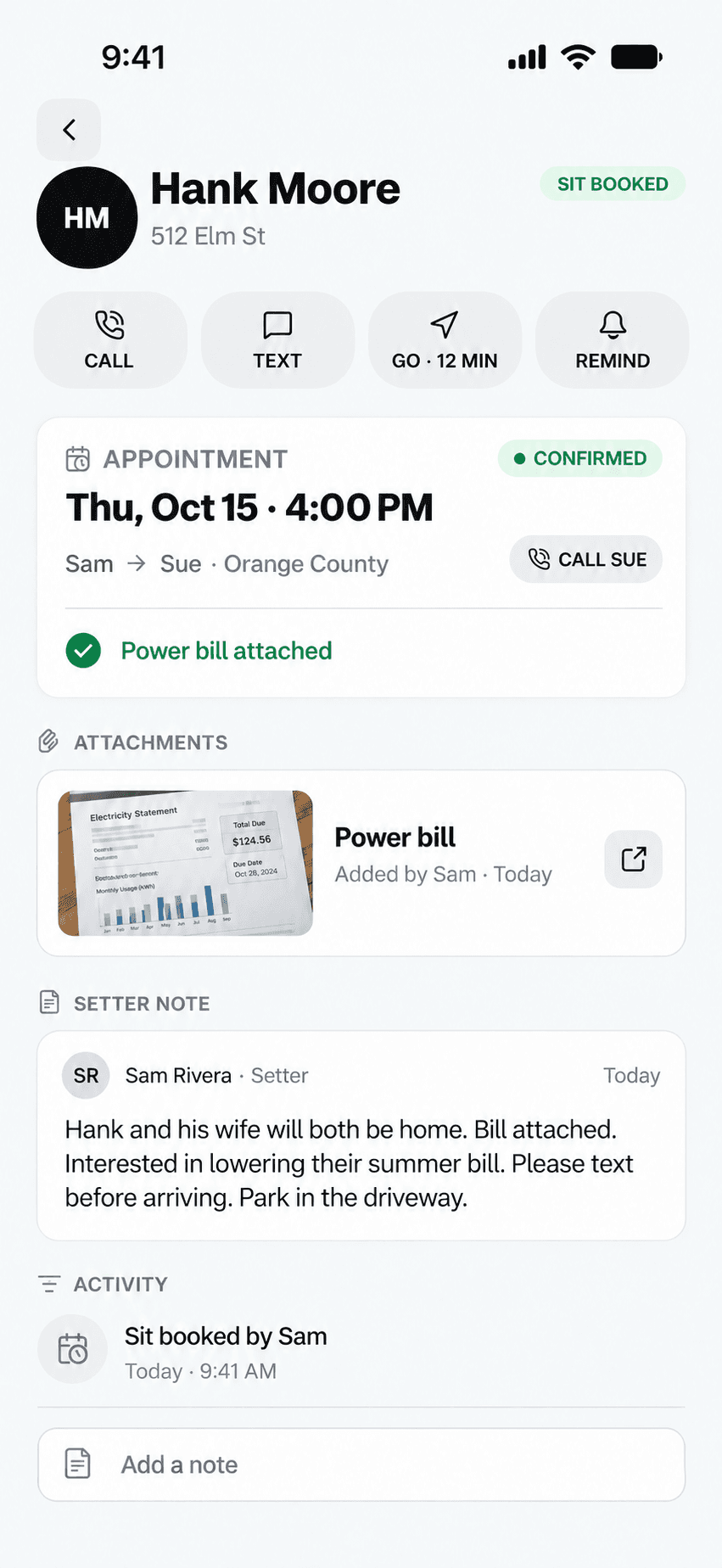 Illustrative Grrid handoff with an attached power bill, setter note and appointment details
