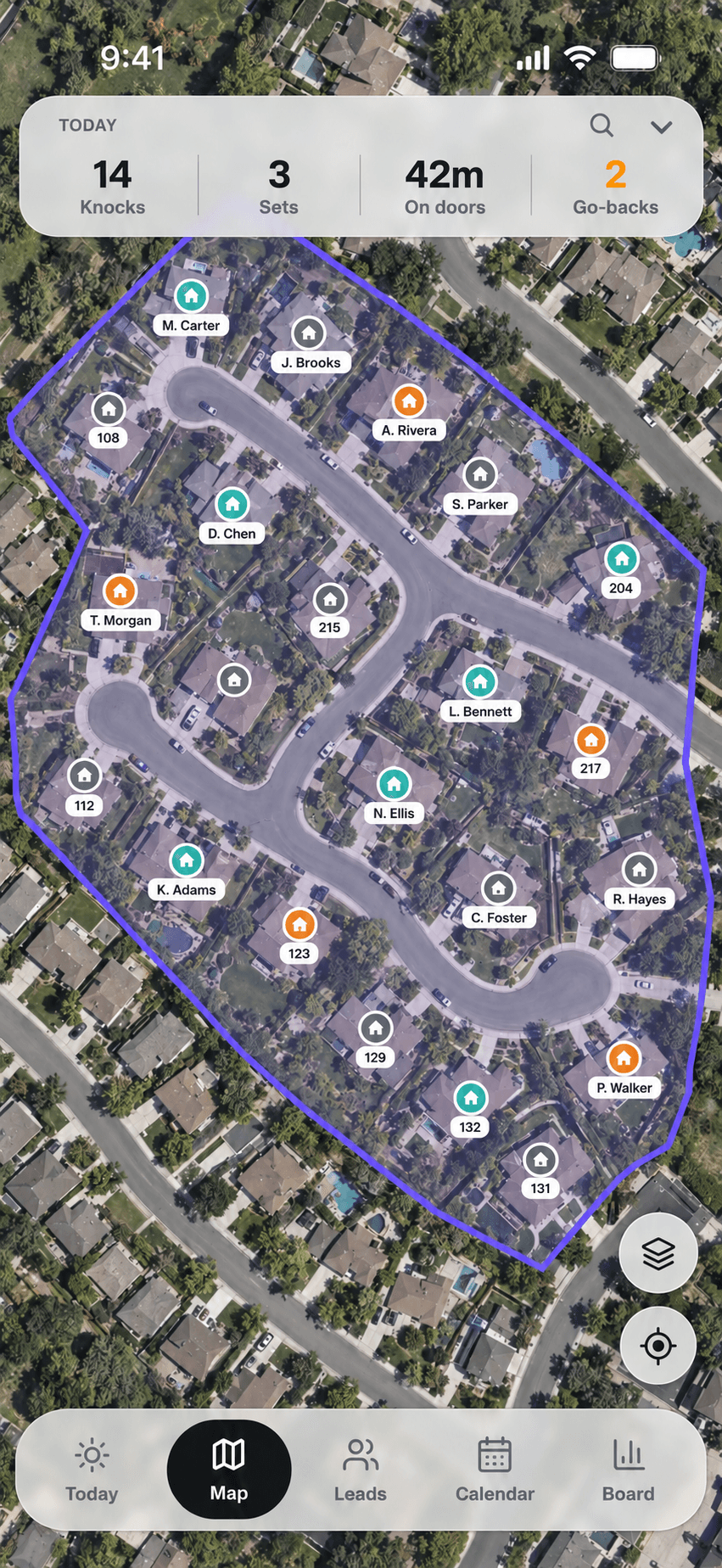 Illustrative Grrid map with household bubbles, homeowner labels and assigned turf